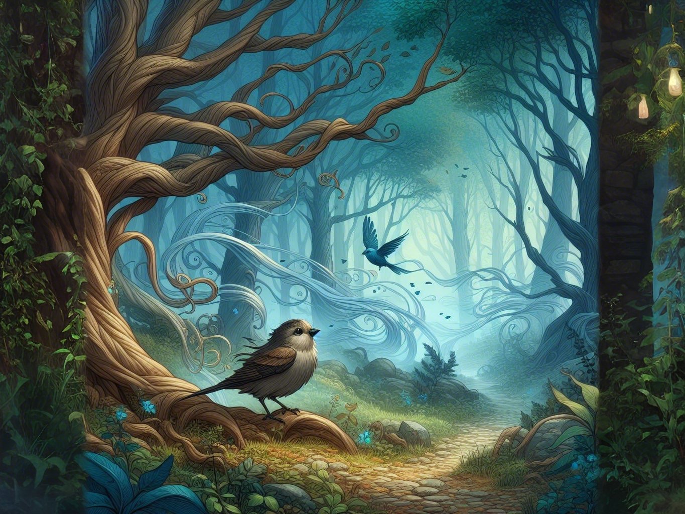 Brave Sparrow, Whispering Wind, enchanted forest, journey,Friendship